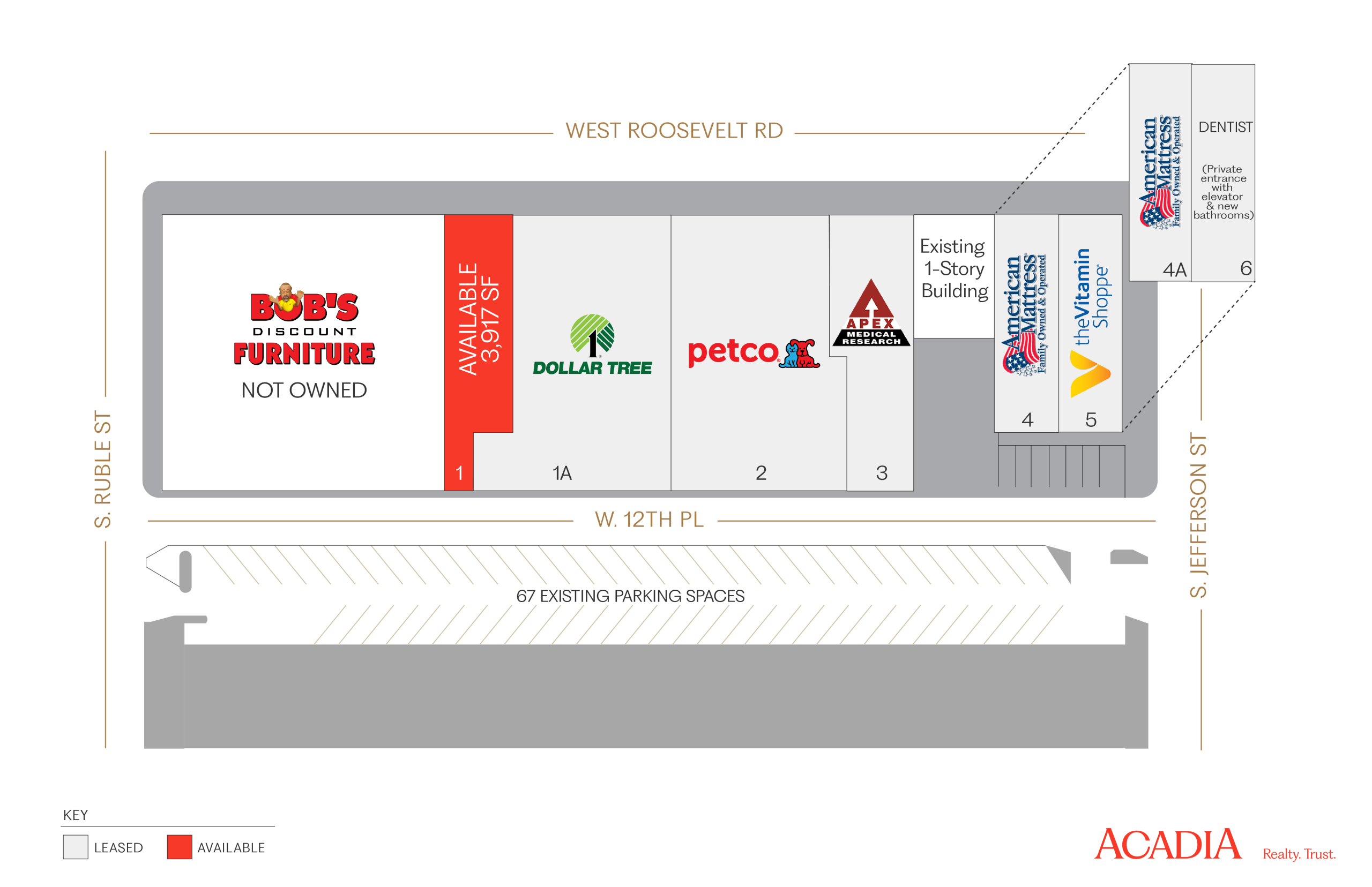 Store directory showing Bob's Discount Furniture and other stores.