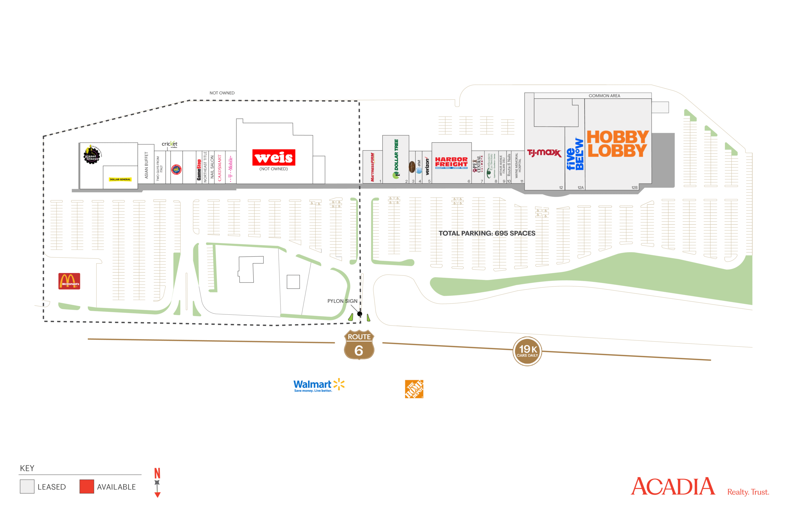Shopping center map showing store locations and parking.