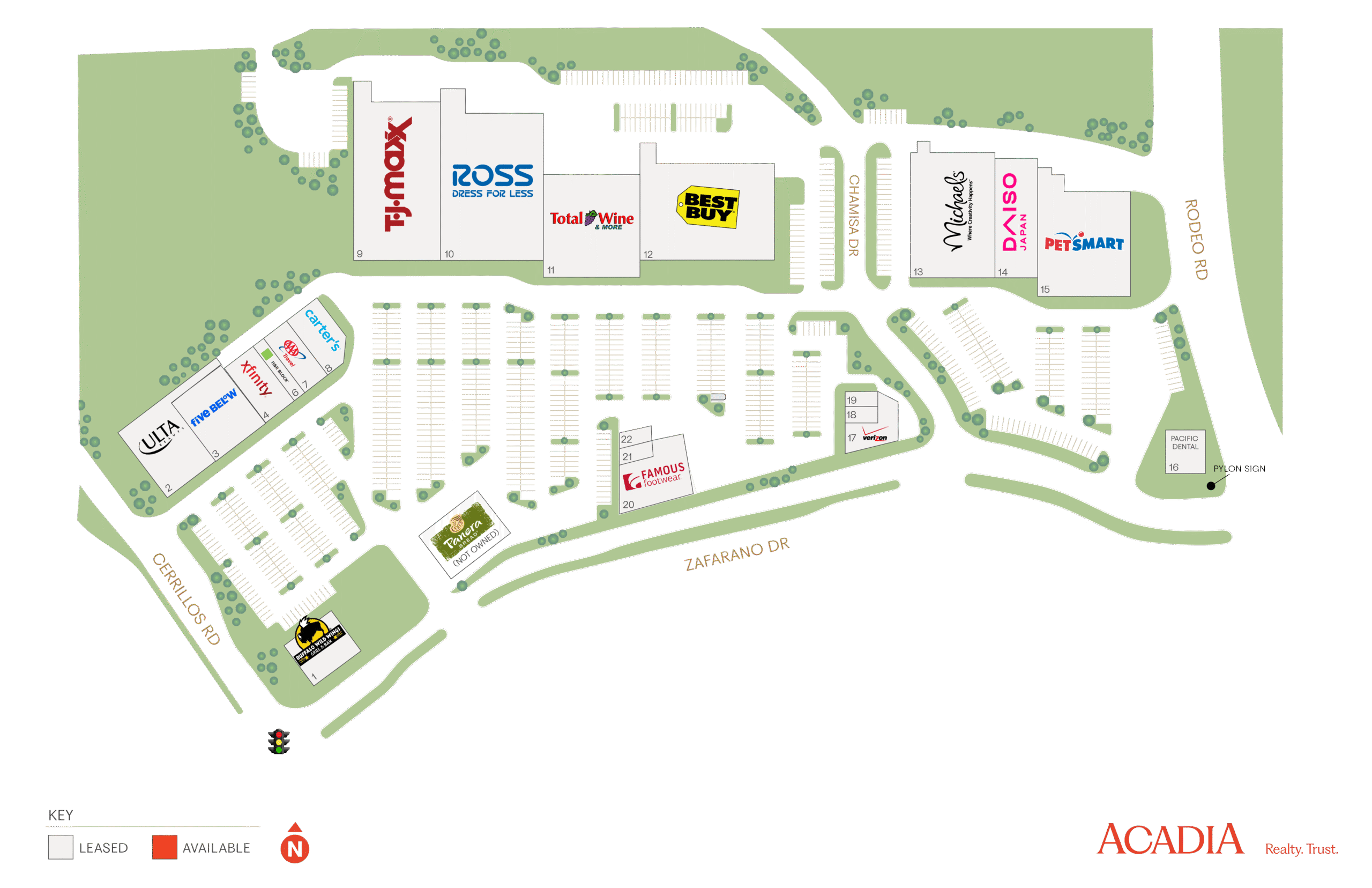 Shopping center map showing store locations and parking.