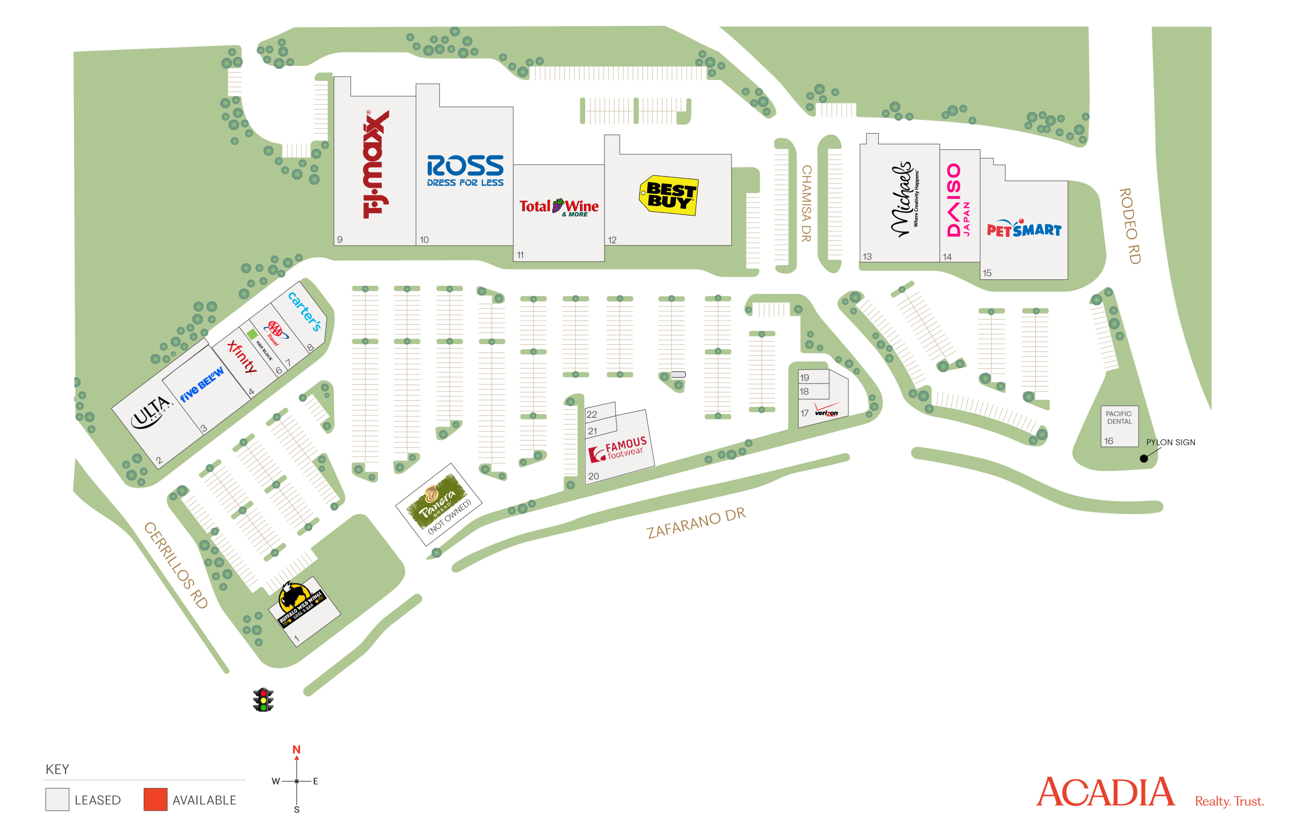 Shopping center map showing store locations and parking.