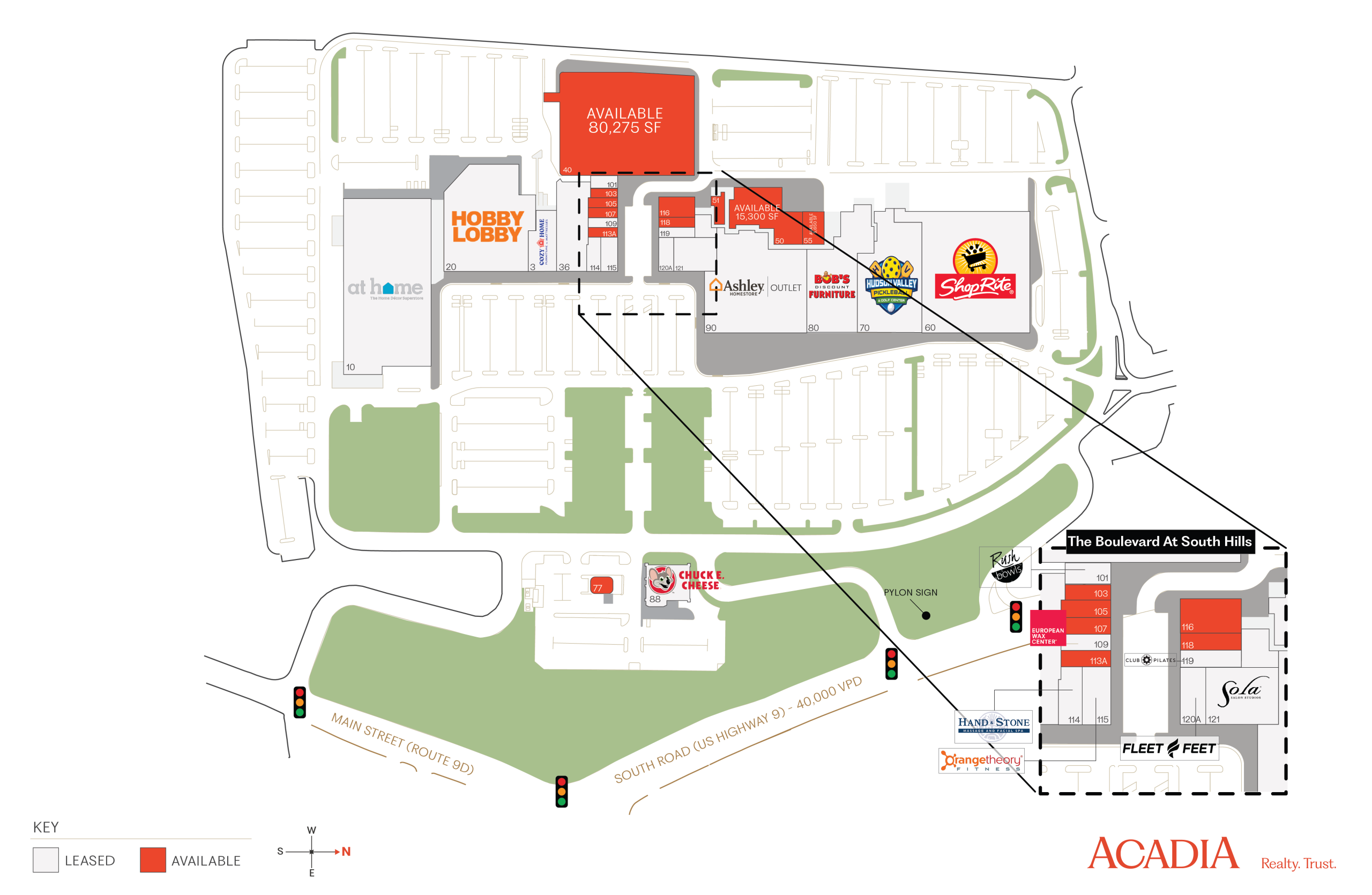 Map of shopping center with store locations.