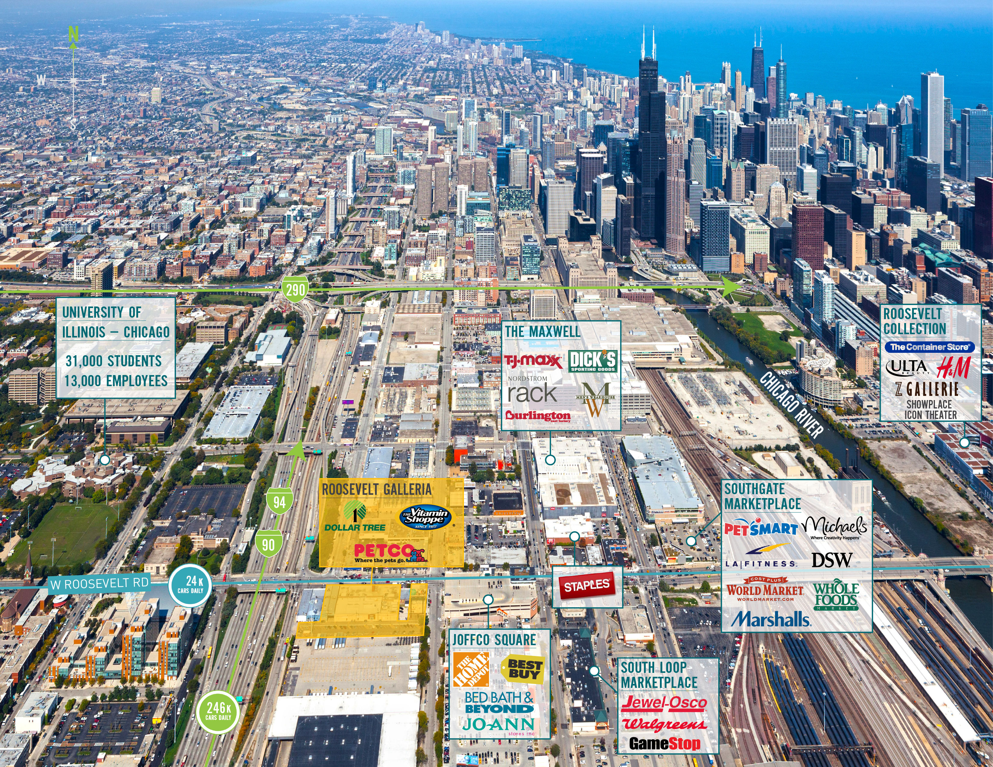 Aerial view of Chicago's Near West Side, highlighting commercial properties.