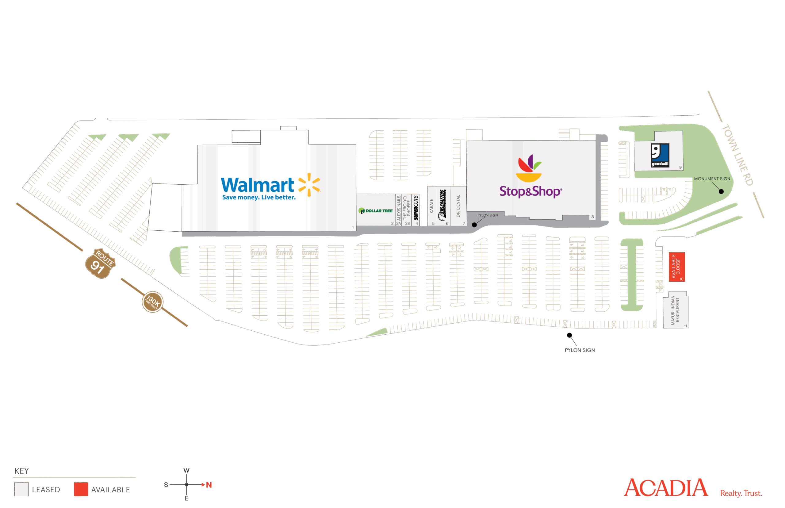 Shopping center map showing Walmart and a Vons grocery store.