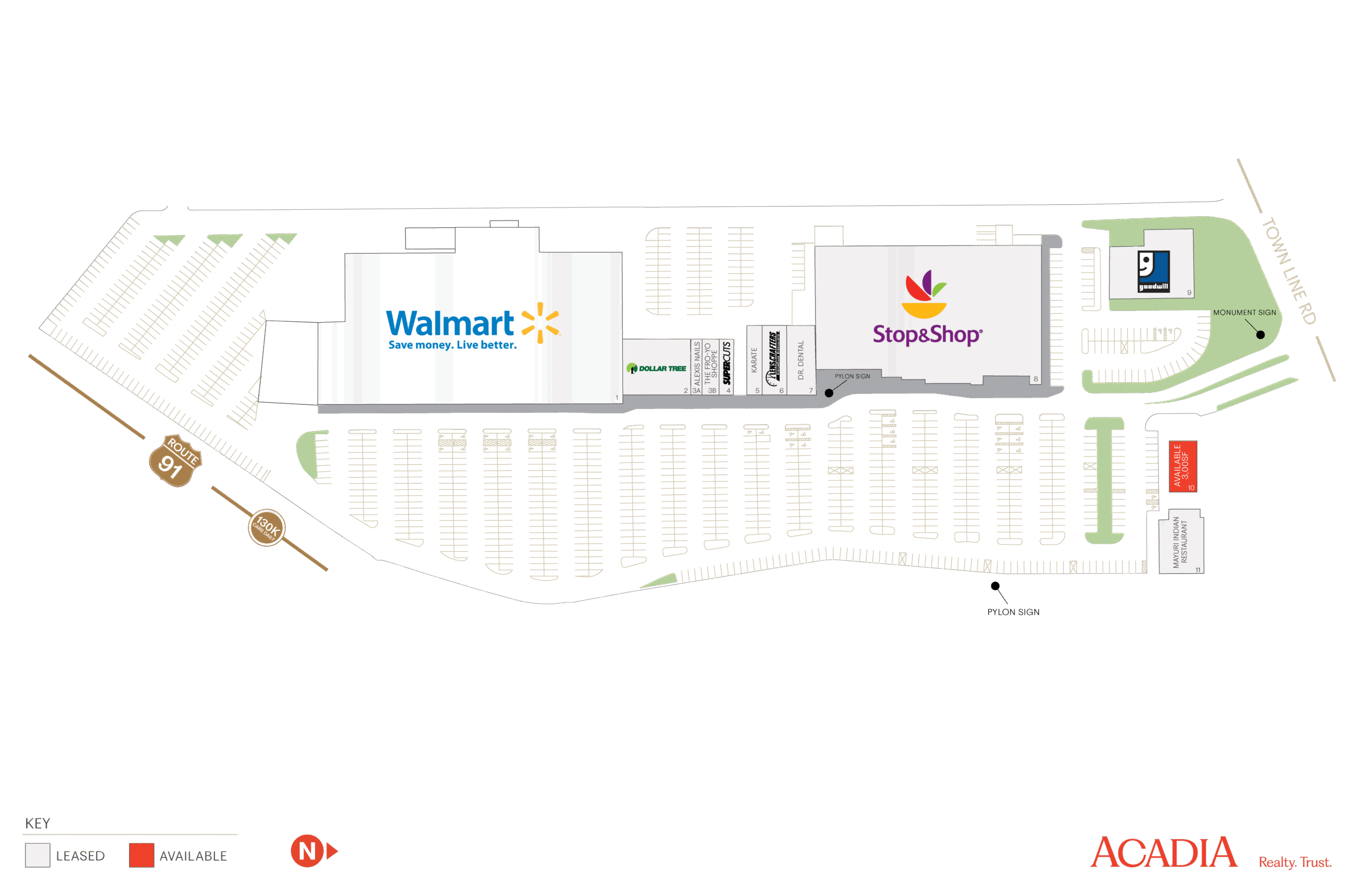 Shopping center map showing Walmart and a Vons grocery store.