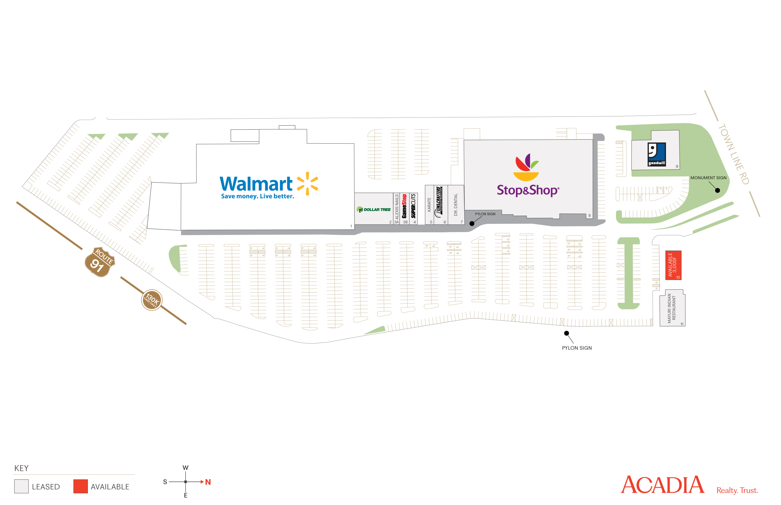 Shopping center map showing Walmart and a Vons grocery store.