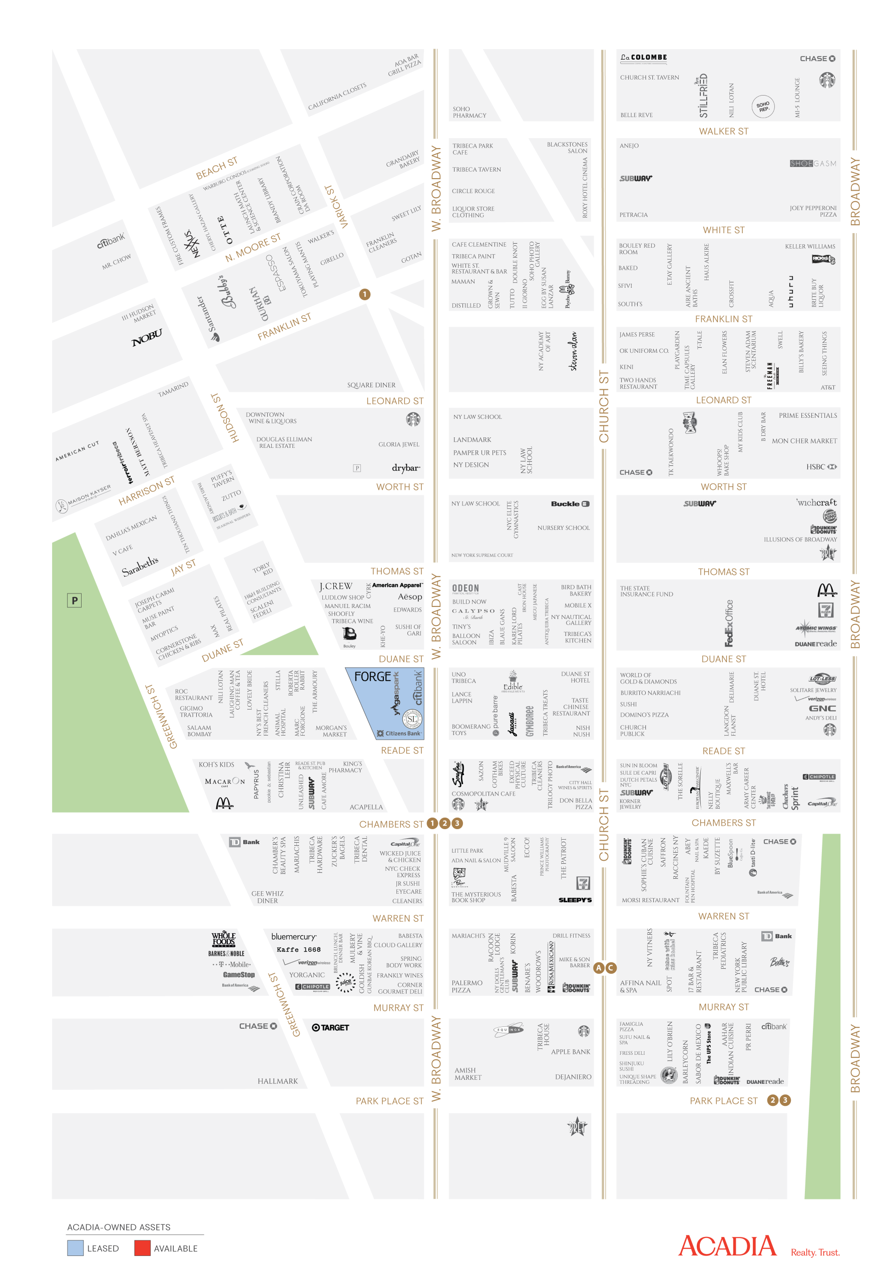 Map of a city block showing building footprints and street layout.