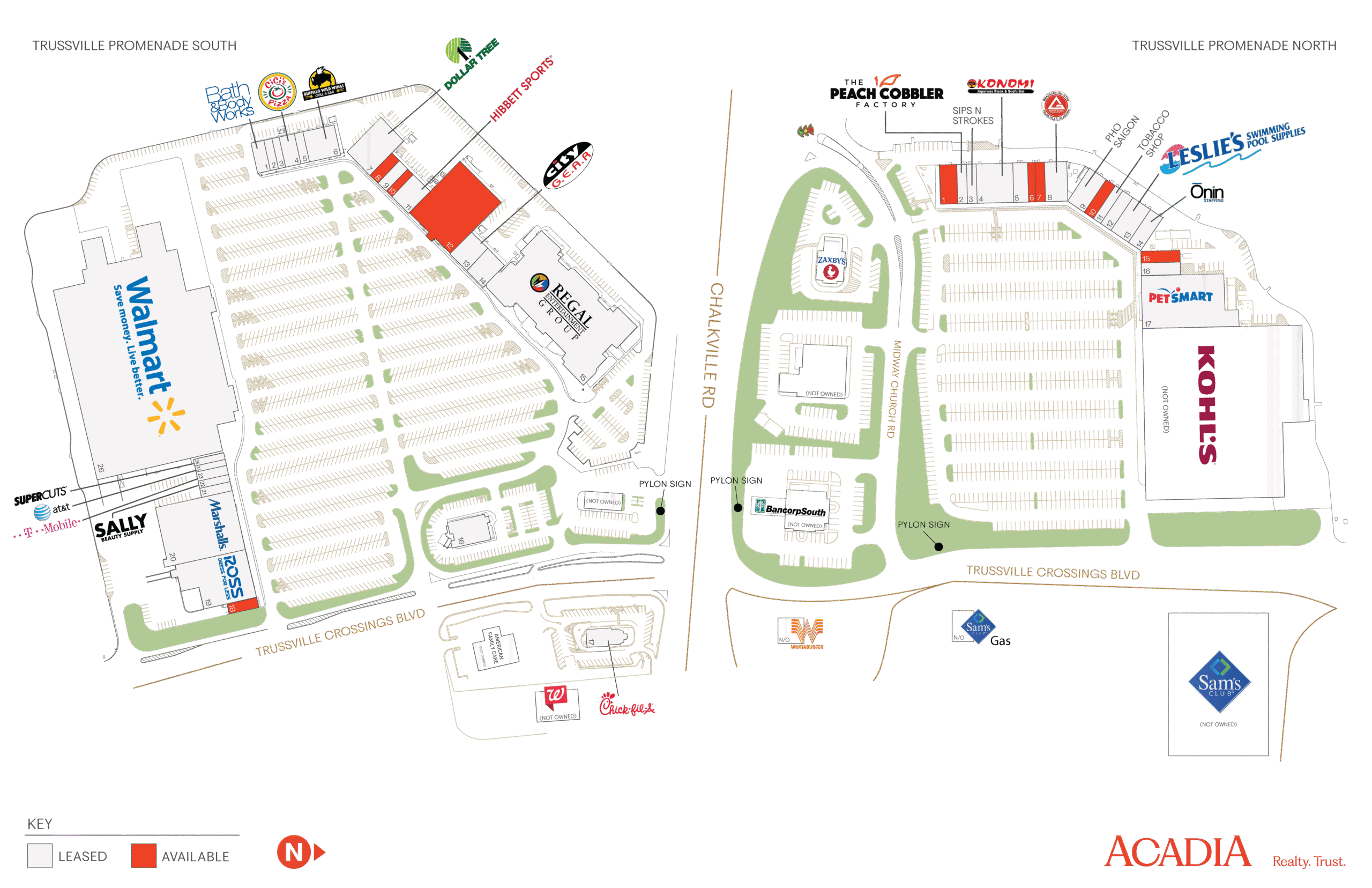 Map of shopping center with parking and store locations.