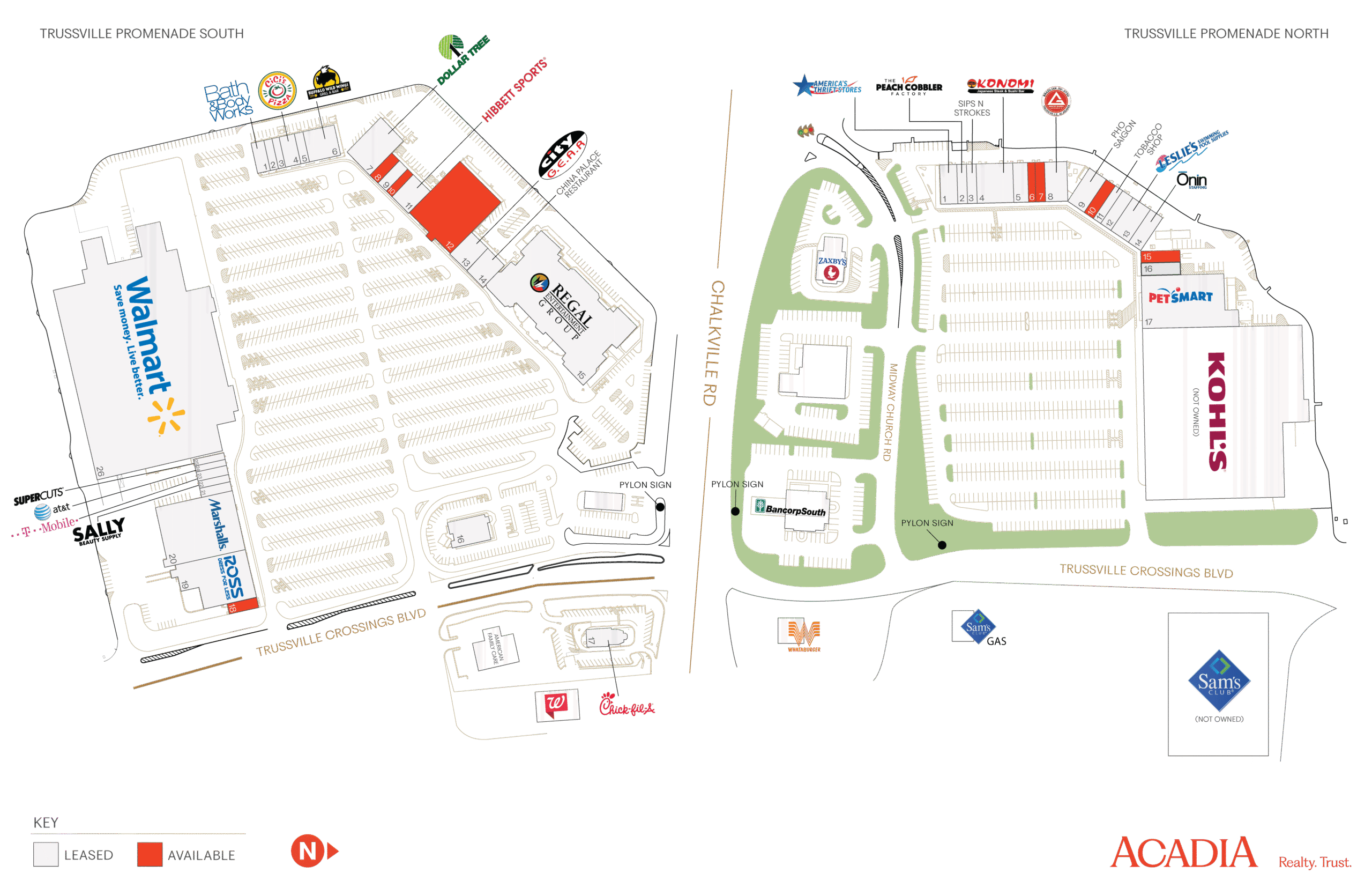 Map of shopping center with parking and store locations.