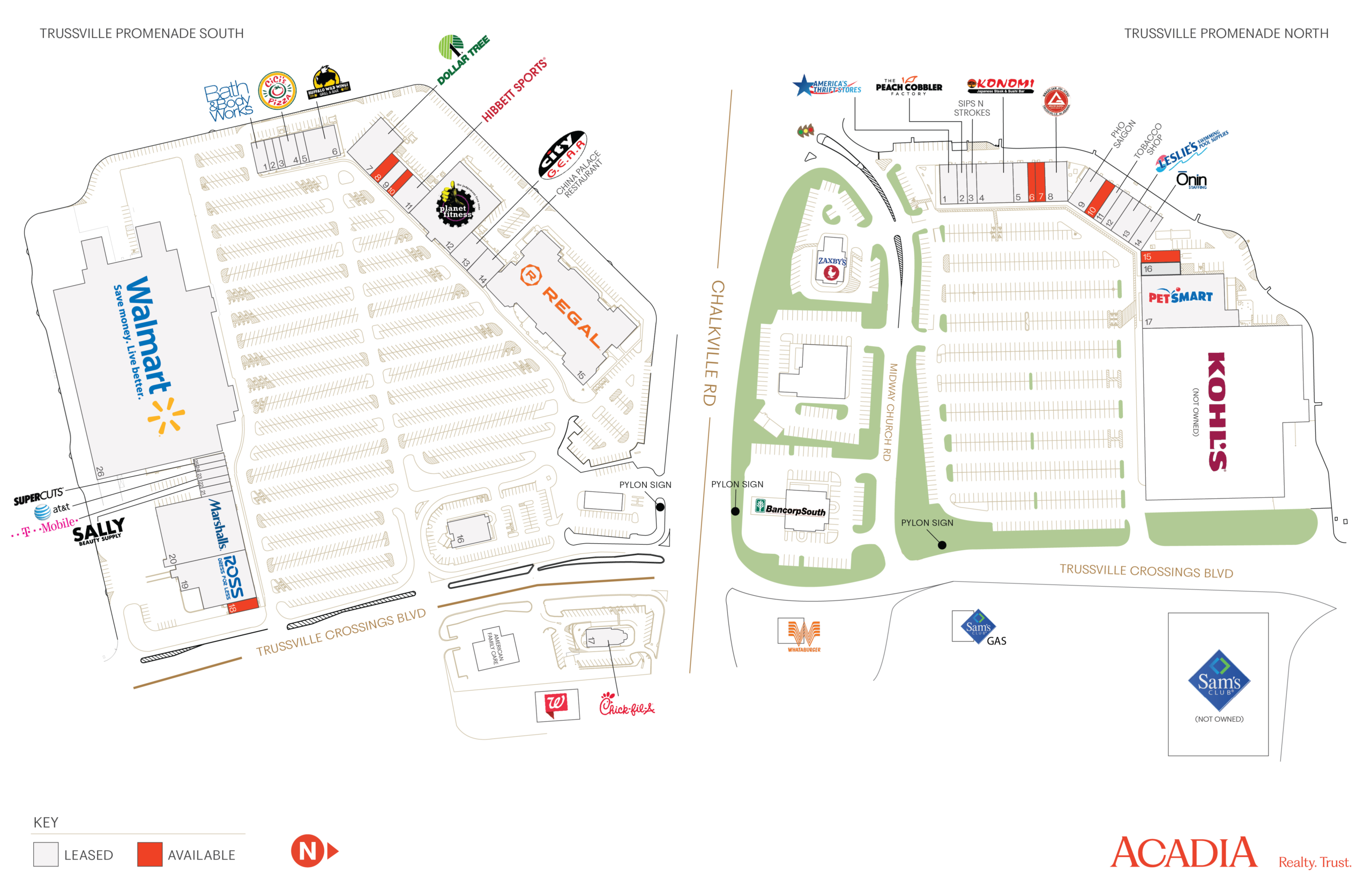 Map of shopping center with parking and store locations.