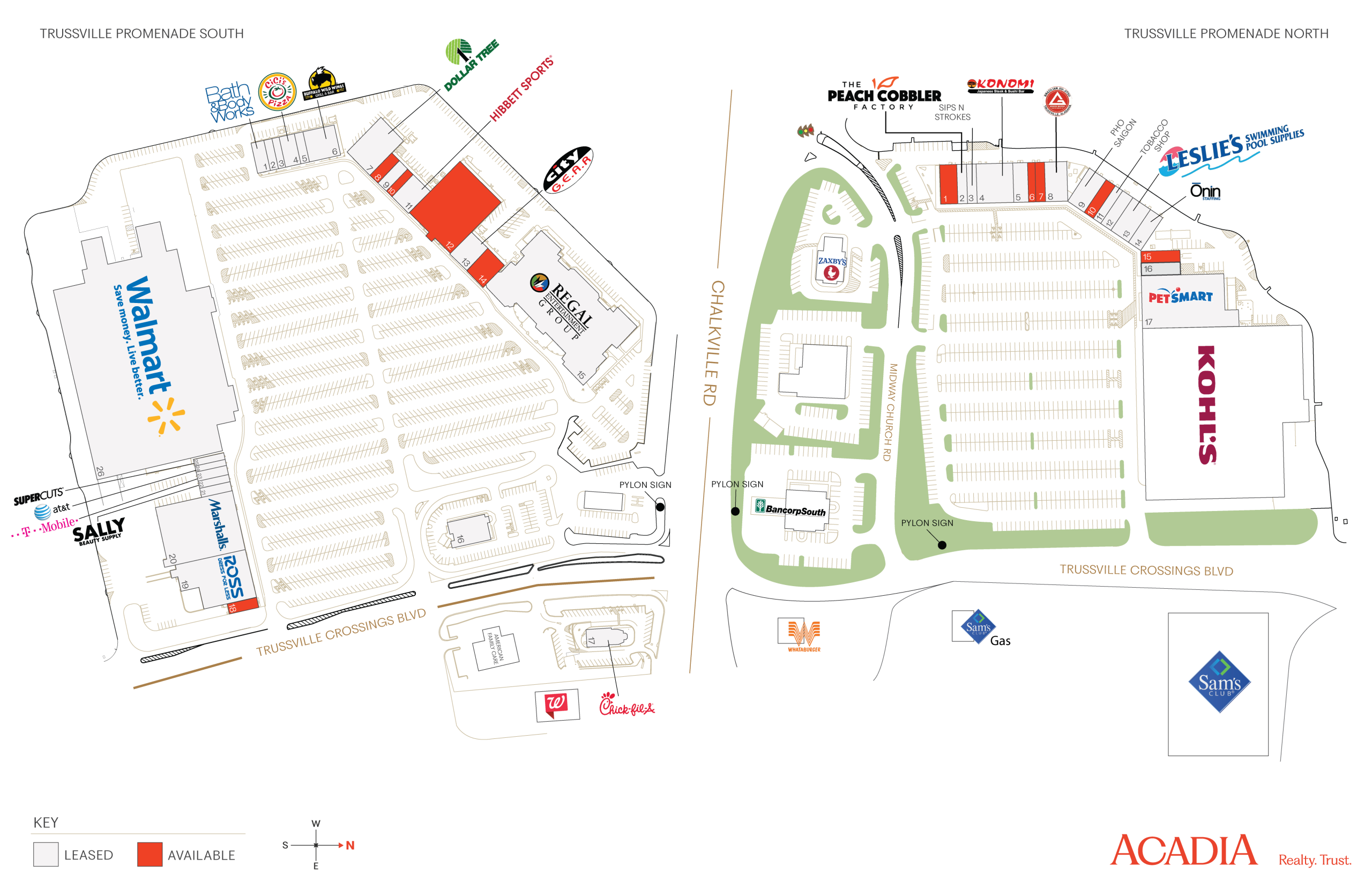 Map of shopping center with parking and store locations.