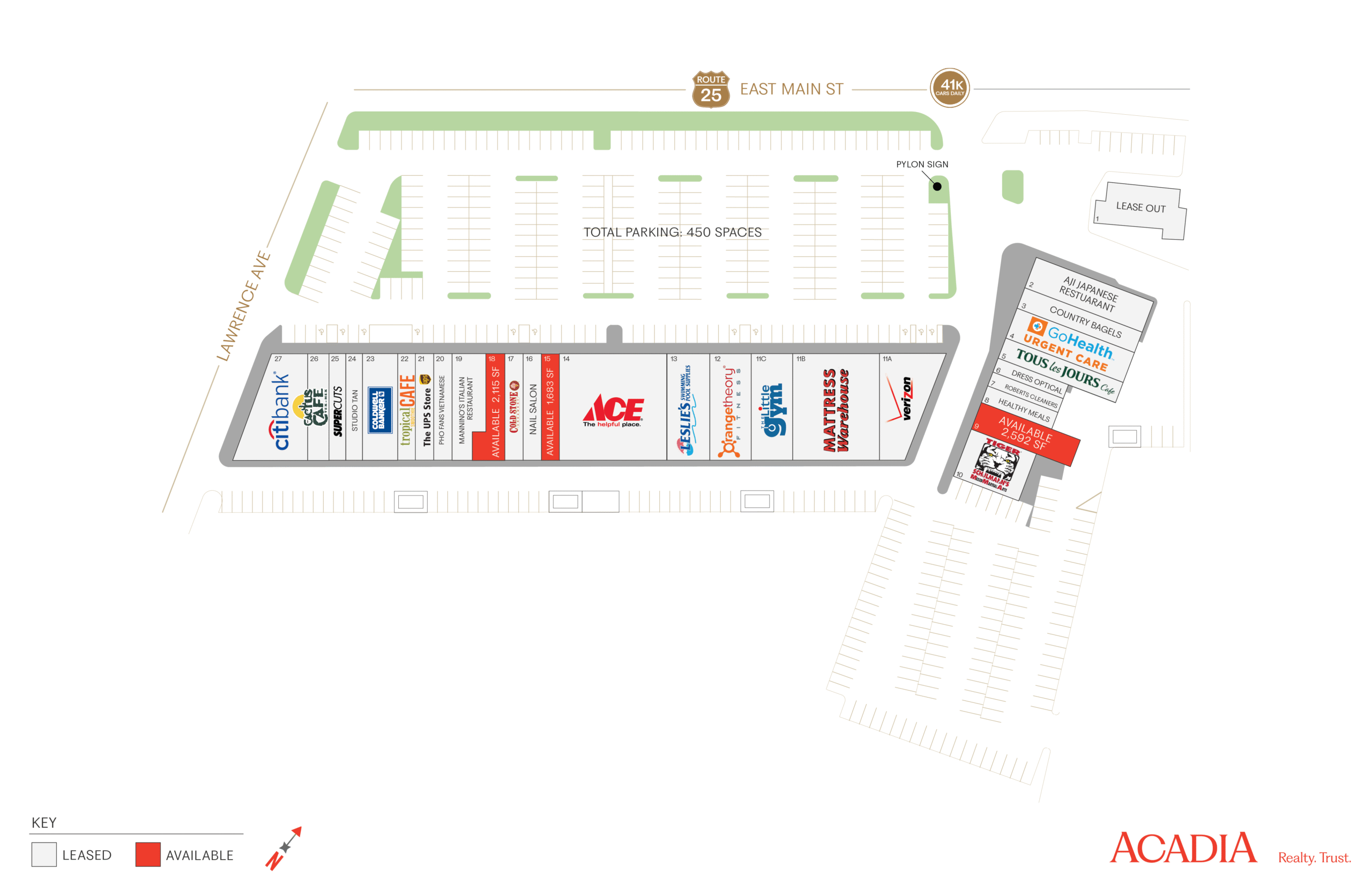 Shopping center map showing store locations and parking.