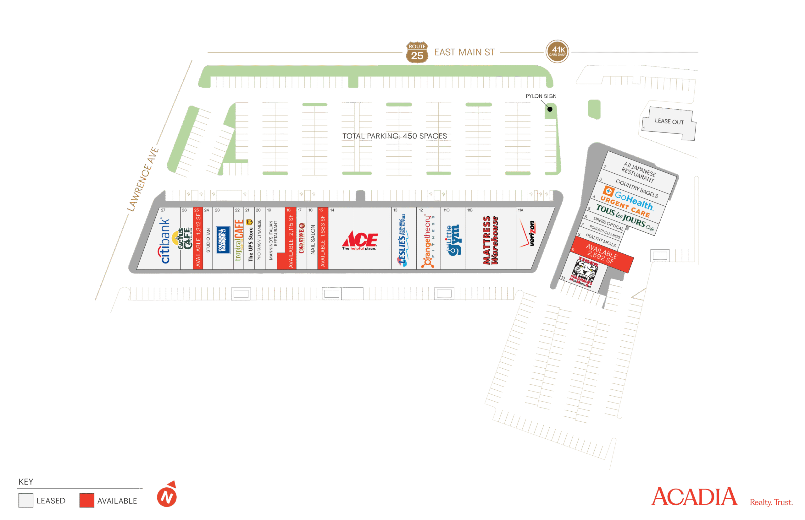 Shopping center map showing store locations and parking.