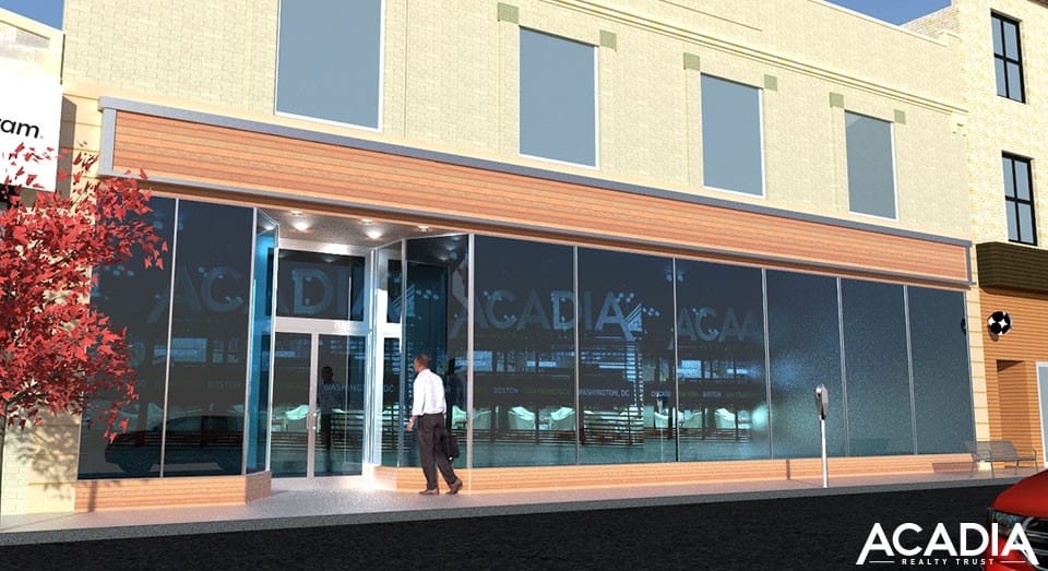 Rendering of a modern storefront with large glass windows.