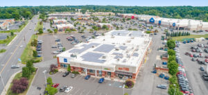 Aerial view of a Lowe's home improvement store and parking lot.