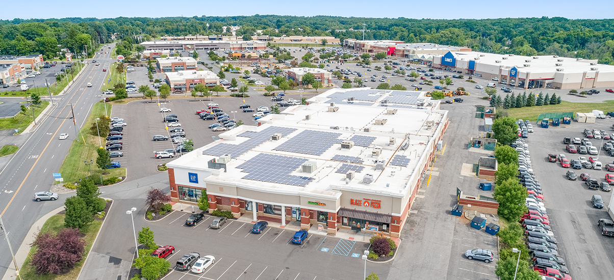 Aerial view of a Lowe's home improvement store and parking lot.