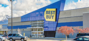 Best Buy store with snow-capped mountains in the background